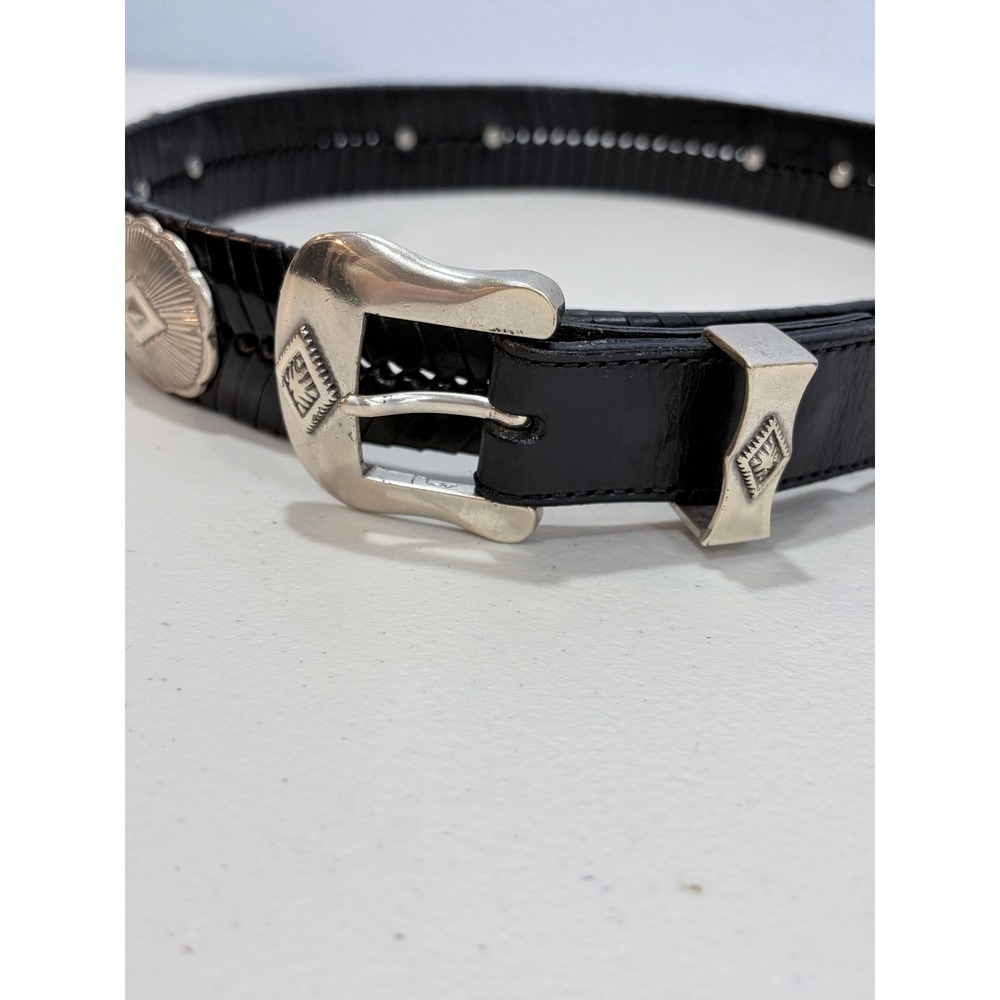 Vintage Brighton Western Concho Belt Black Braided Leather 38 Silver 90s